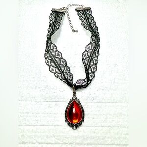 Black Lace Choker Necklace with Red Teardrop Pendant